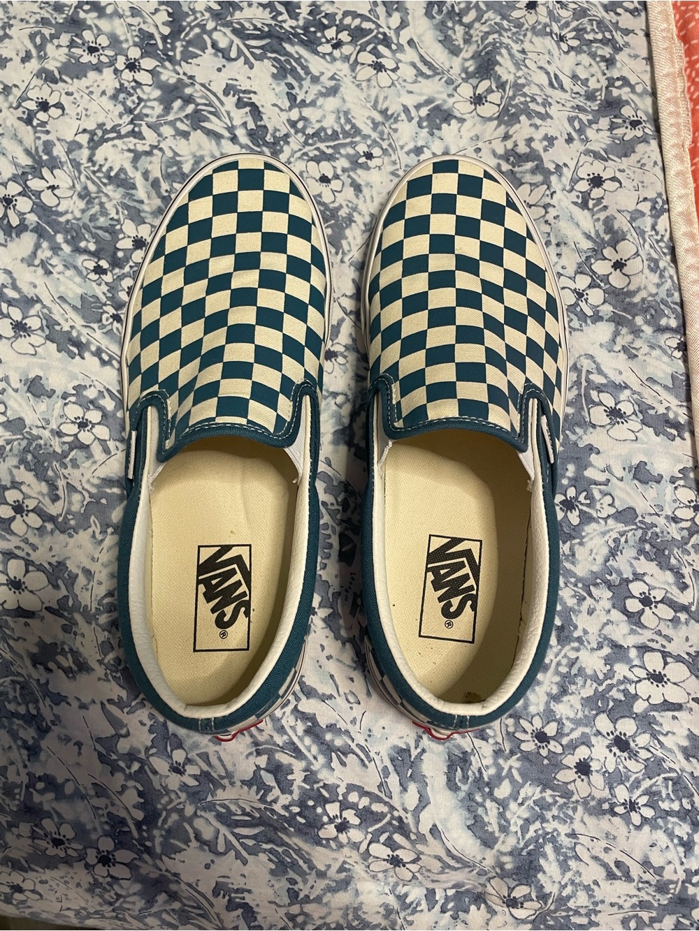 Vans Checkerboard Slip-On Sneakers in Teal and White